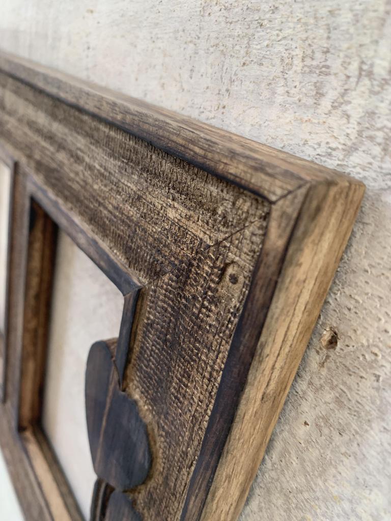 Rustic Wooden Double Photo Frame Carved Hearts | Romantic Wall Decor