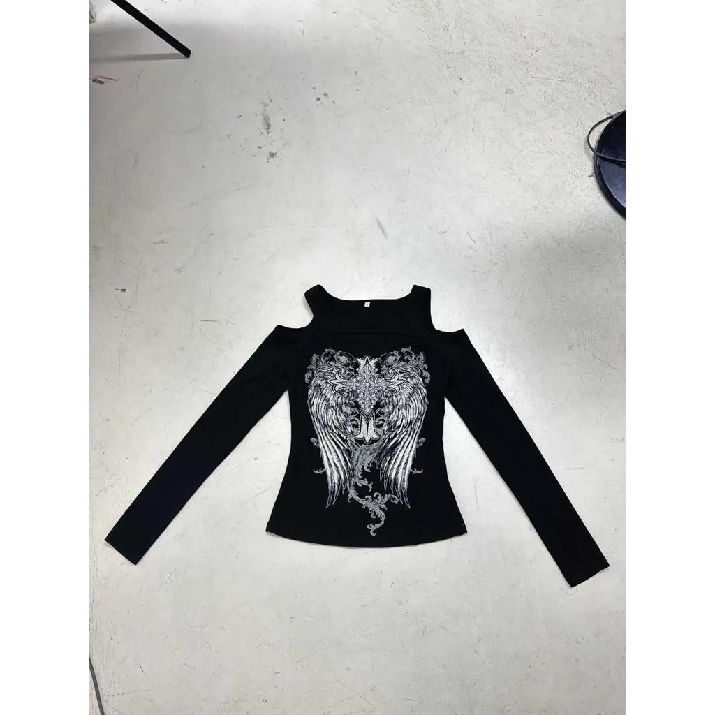 KOSY Goth Vintage Streetwear T-shirt Women Y2k E-girl Aesthetic Wing Cross Printed Long Sleeve Hollow Out Crop Tee Tops
