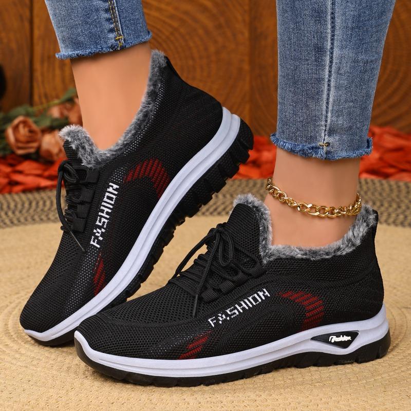 Women Winter Fleece Lined Knit Mesh Walking Shoes, Soft Sole Casual Sports Sneakers for Elderly Mom