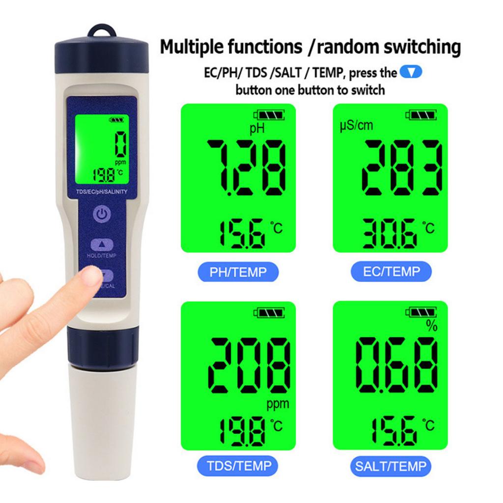 PH Tester 5 IN 1 PH Temperature TDS EC Salinity Meter Digital Waterproof With Automatic Calibration Function Water Quality