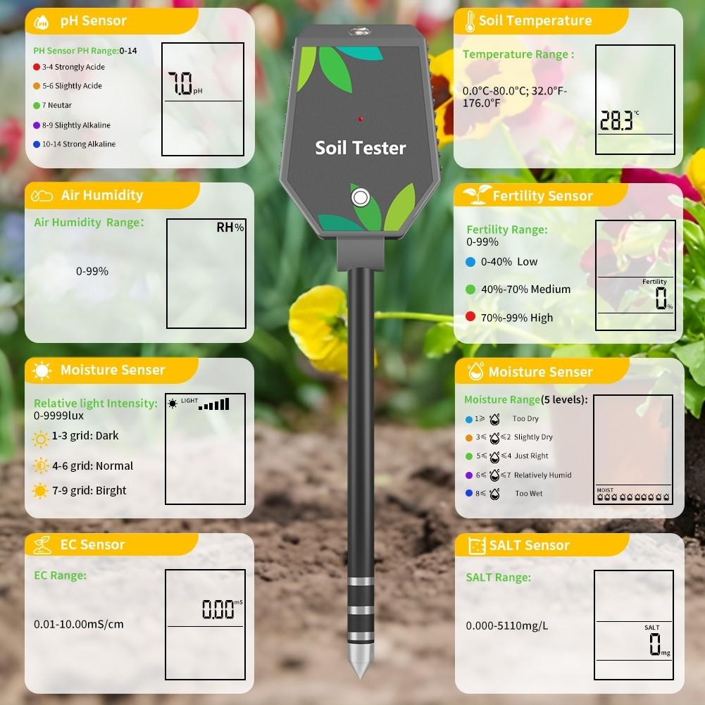 8 IN 1 Smart Bluetooth Soil Tester EC/PH/Fertility/Salt/Air Humidity/Temperature/Sunlight/Soil Moisture Monitors