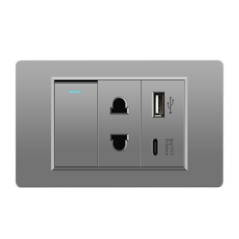118 Type Switch Six-Hole Gray Wall Socket with Type-C 20W, Thai Style & PC Panel, Taiwan Socket