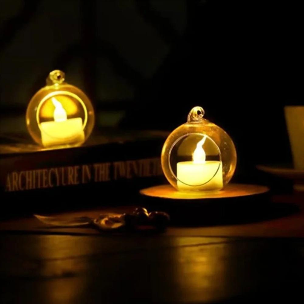 6/12Pcs Ball Hanging Glass Vases with LED Candle Terrarium Hanging Tealight Holder for Wedding Home Party Tree Decoration