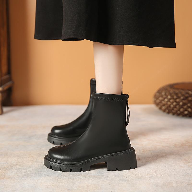 thick-soled Martin boots women's new spring and autumn single boots rear zipper round head thick heel thin short boots