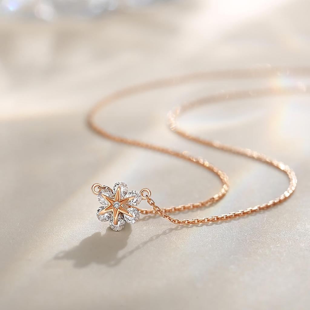FANCIME Diamond Necklace for 18K Pink 7 Flower and Snow 18K Gold Good Luck Anniversary Gift Wrapping Included Women, Gold, Diamonds, Design, Pendant,