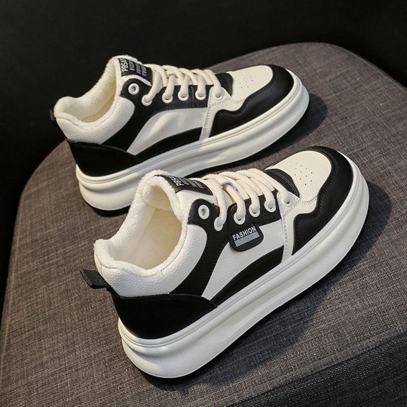 Leather High-top Cotton Shoes Women's New Winter Velvet White Shoes Casual Sports Thick-soled High-top Shoes Children