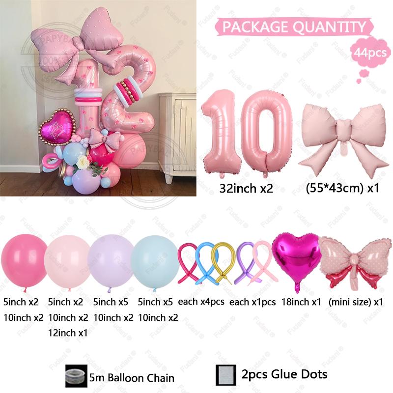 43PCS Pink Bow Theme Bouquet Balloon Set with 32inch Pink Number Girl First Birthday Party Decoration Baby Shower Helium Globos