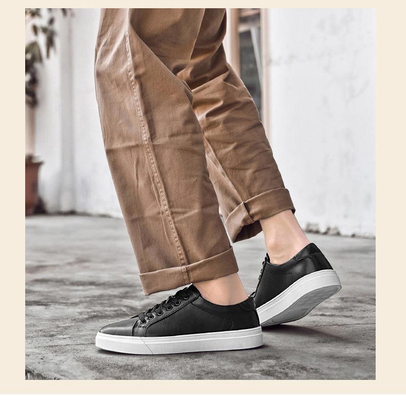 Men's White Low-Top Casual Cowhide Shoes with Thick Sole and Breathable, Versatile Round Toe Design.