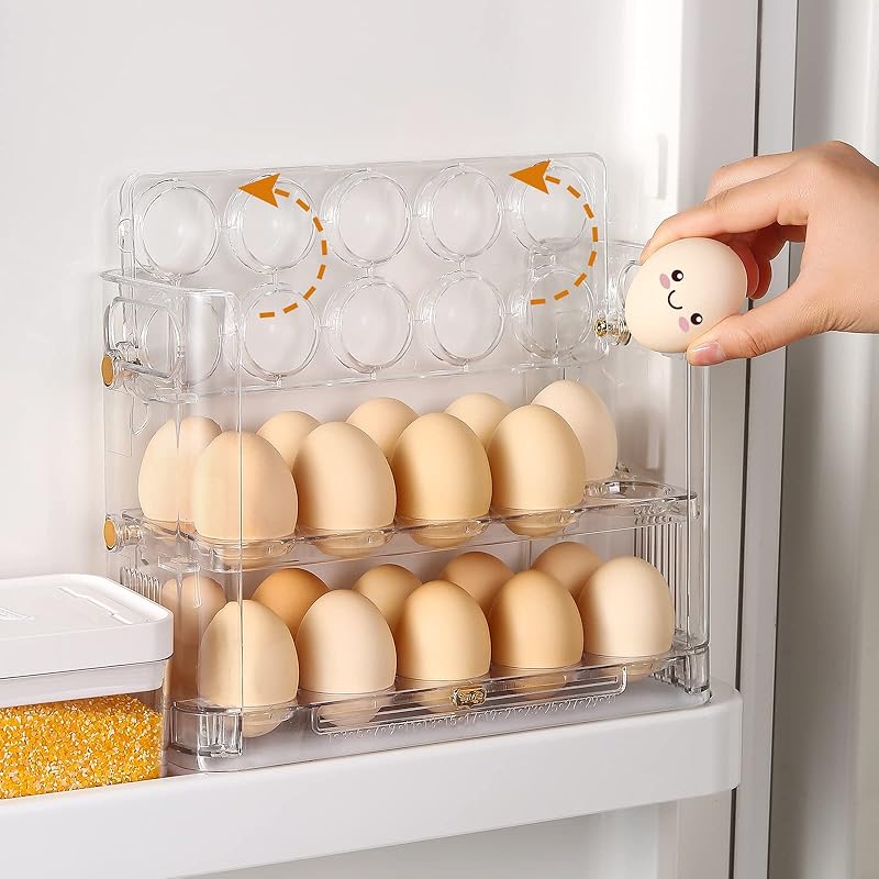 Beveetio Flippable Egg Holder For Refrigerator, 3 Layer Egg Storage Container For Refrigerator Side Door, Large Capacity Egg Container, Clear Acrylic Transparent color 02
