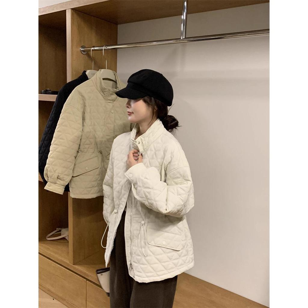Korean-Style Diamond Pattern Lightweight Down Cotton Jacket for Women - Stand Collar, Waist-Cinching, 2025 Autumn/Winter Collection