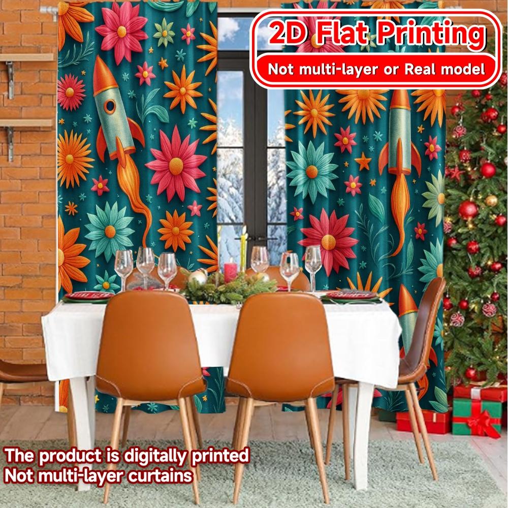 2D Flat Printing,2pcs New Year Rocket Chic Curtains&Drapes Durable Polyester Curtains Decorations For Home for Living Room,
