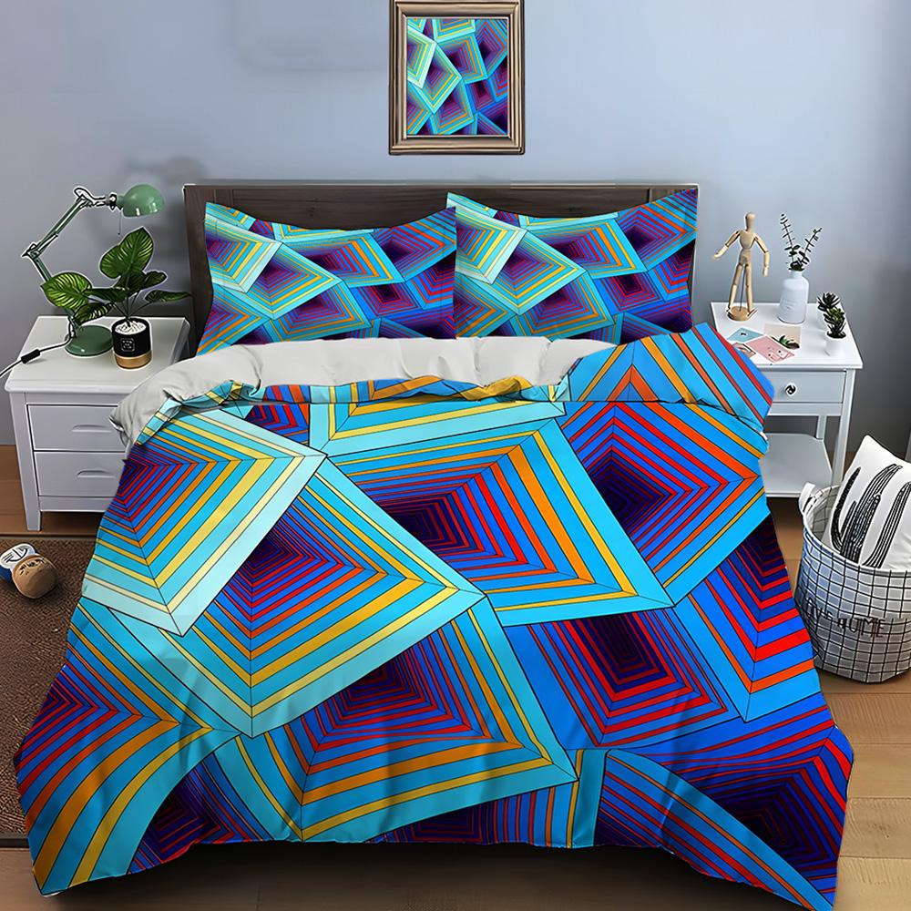 Colorful Geometric Overlapping Design Print Bedding Set 1 Duvet Cover 2 Pillowcases for Adult and Children Luxury Gift Full Size