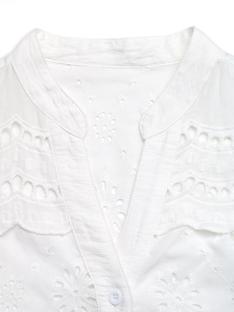 Women White Loose Hollow Out V Neck Short Sleeve Casual Shirt