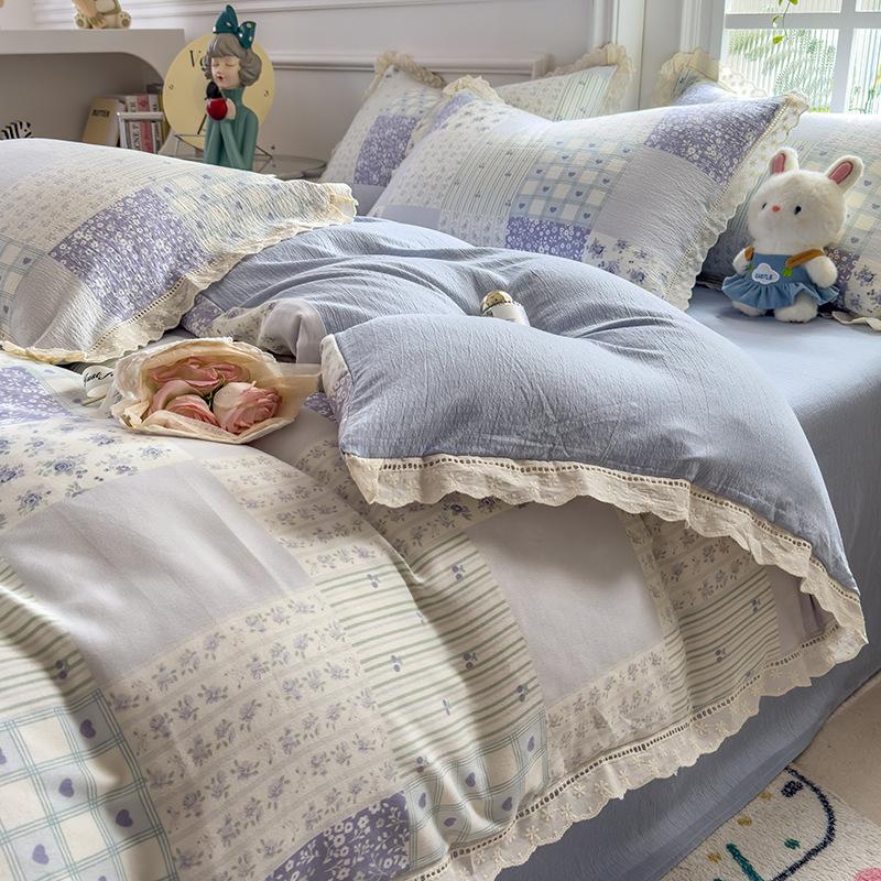Small Fresh Lace Bedding Four-piece Set, Skin-friendly and Breathable, Washed Sheets, Quilt Covers, Pillowcases