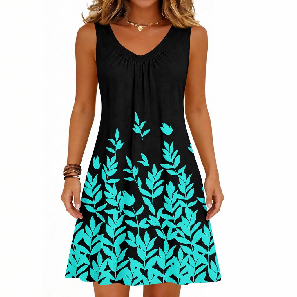 Women's Fashion Printed Summer Sleeveless V-neck Tank Top Pocket Casual Loose Dress