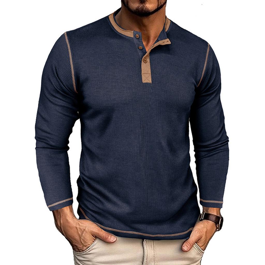 Men's Color Blocked Versatile Long Sleeved Shirt Retro T-shirt Bottom Shirt