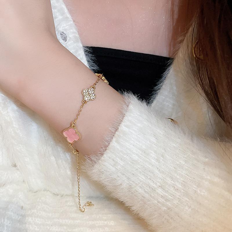 2-Piece Xiaoxiangfeng Acetate Plate Diamond Lucky Grass Bracelet Necklace Sweet Internet Celebrity Temperament Necklace