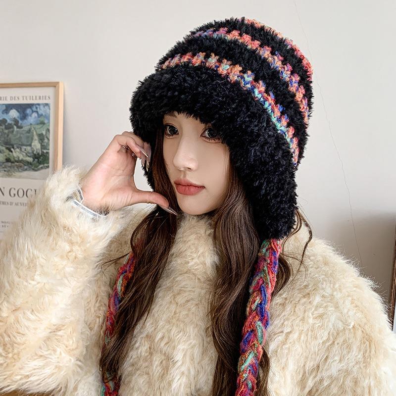 Color Striped Hat Women's Autumn and Winter Advanced Sense Windproof and Cold-proof Knitted Hat Big Head Circumference Piled Thickened Headgear