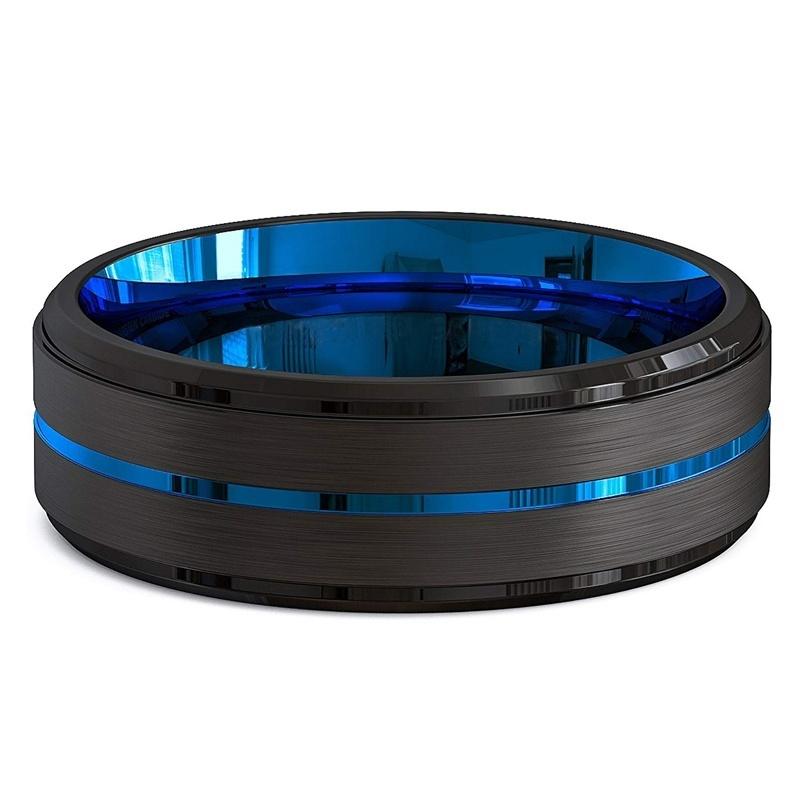 2025 Fashion Jewelry Stainless Steel Rings for Men Accessories Anniversary Gift Vintage Black Brushed Blue Groove Wedding Band