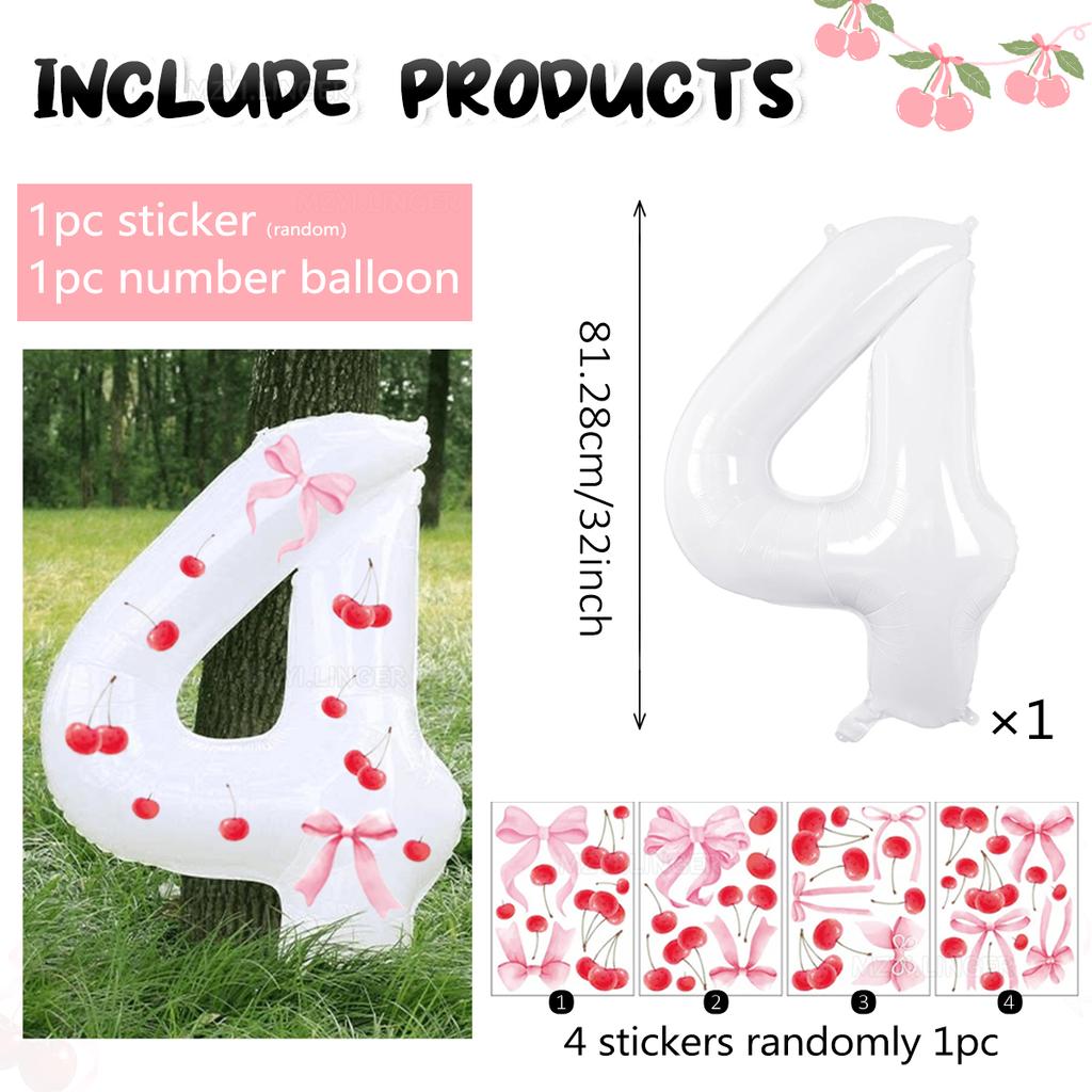 Palloncino digitale bianco da 32 pollici decorato con adesivi di ciliegie e adesivi con fiocchi per feste di compleanno e anniversari