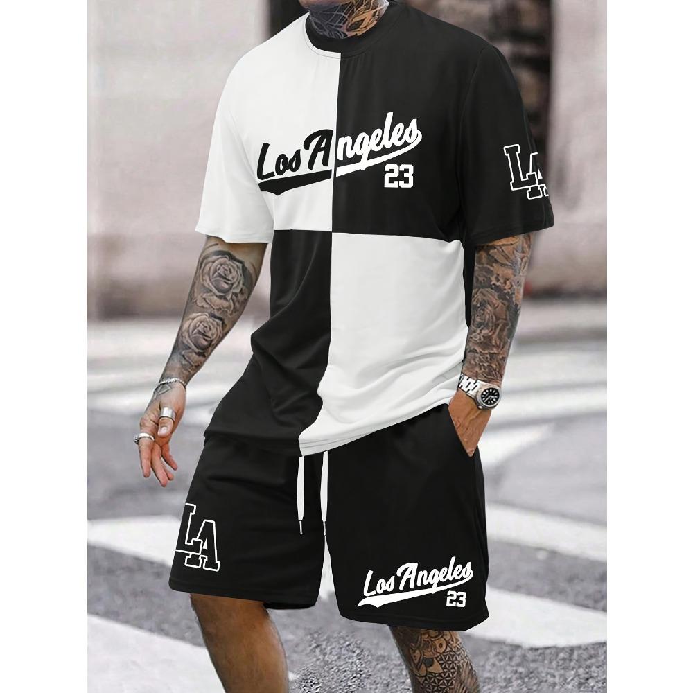 Men s Los Angeles letter printed quick drying short sleeved set 2XS