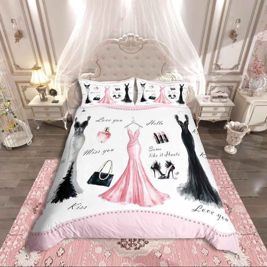 

Homewish Dreamy Princess Dress Duvet Cover Set For Girls Flower Floral Bedding Set Modern Fashion Reversible Decor EU Single(135*200cm)3pcs
