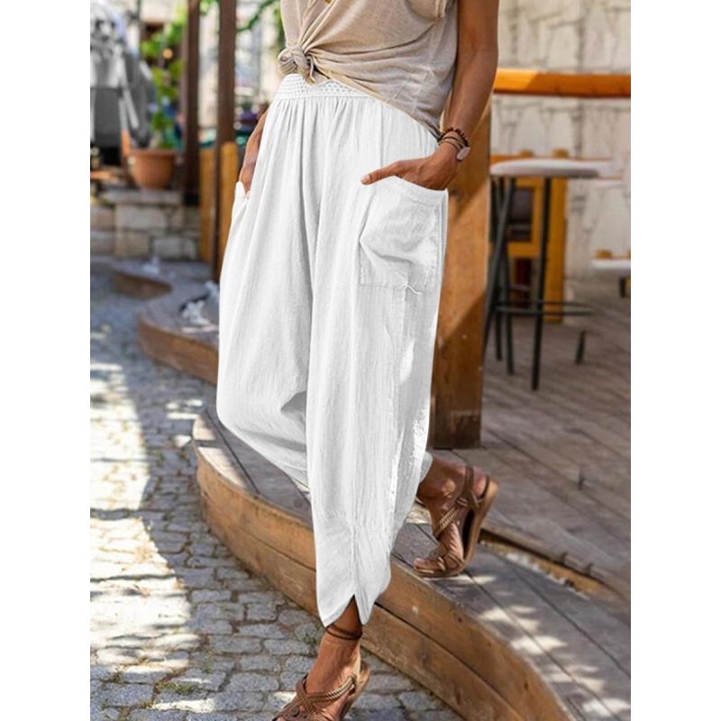 New Women's Cotton Linen Wide Leg Pants, Loose Fit Casual Joggers with Side Pockets and Elastic Cuffs for Spring Summer Beach Wear