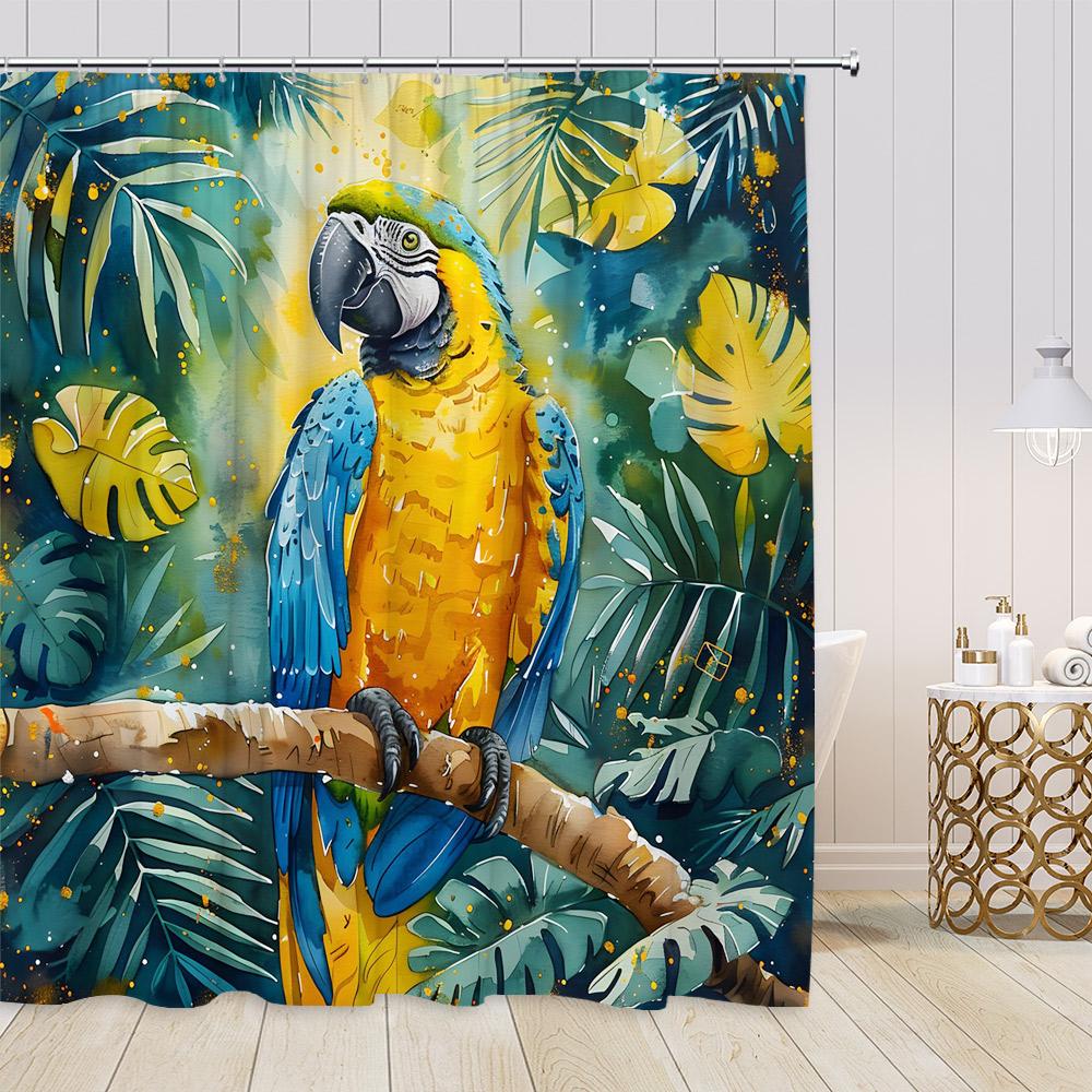 Parrot Shower Curtain Tropics Jungle Rainforest Watercolor Bird Palm Leaf Flower Floral Bathroom Decor Polyester Bath Curtain