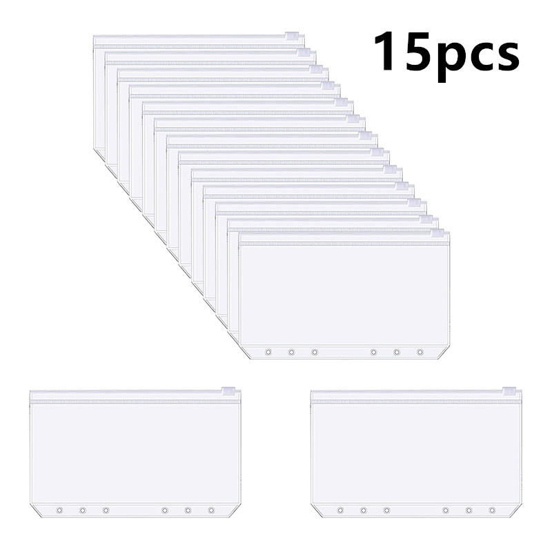 15PCS Waterproof PVC Binding Bag A5 A6 6-hole Zipper Binding Bag Cash Budget Envelope Loose Leaf Bag Used For Binding Notebooks