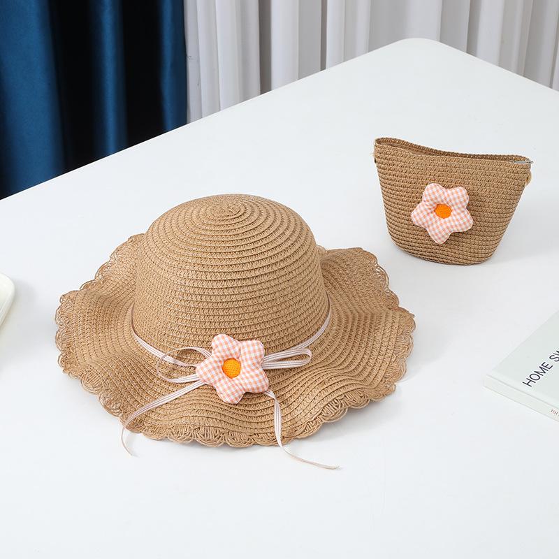 New 2 Pcs Summertime Children Straw Hat and Shoulder Bag Girls Outdoor Flowers Beach Cap Cute Travel Beach Sun Hat Crossbody Bag