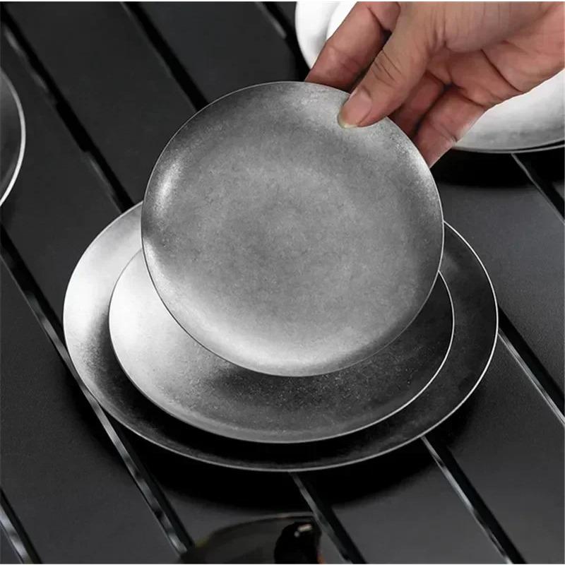 304 Round Vintage Dessert Plate Creative Steak Pasta Plate Stainless Steel Dining Cake Tray Shallow Plates Set Japanese Dishes
