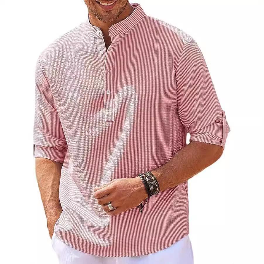 Men's Casual Stand Collar Plaid Shirt with Pineapple Print, Long and Short Sleeve Options (2025)