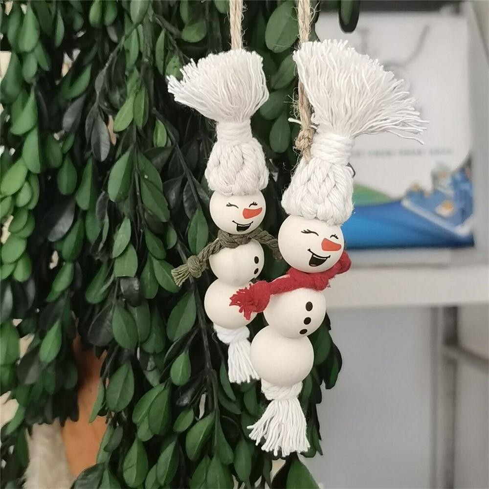 Bohemian Macrame Snowman Ornament Set, Handmade Wooden Bead Christmas Hanging Decor, 2/3/4Pcs Boho Winter Tree Decoration