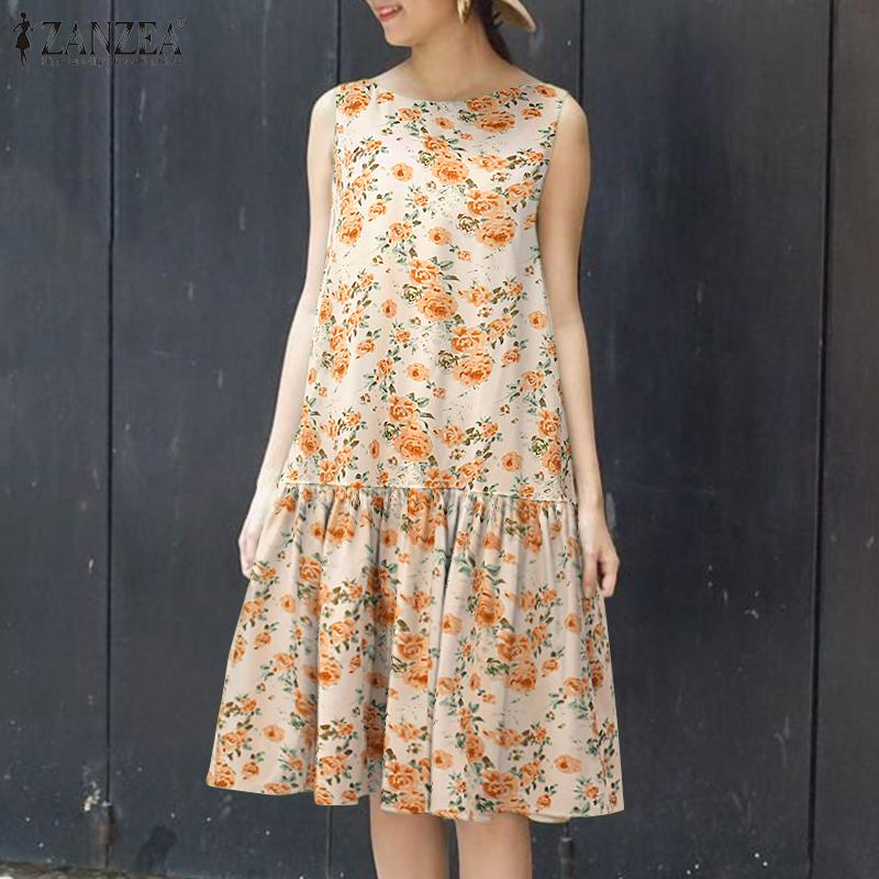 ZANZEA Women Casual Round Neck Sleeveless Floral Print Dress