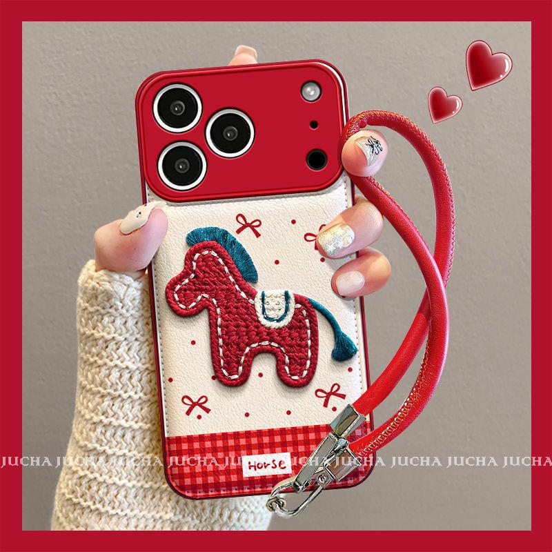 Apple Phone Case with Lanyard: Cute, Embroidered Little Horse Design for iPhone 17, 16 Pro Max, 15, 14