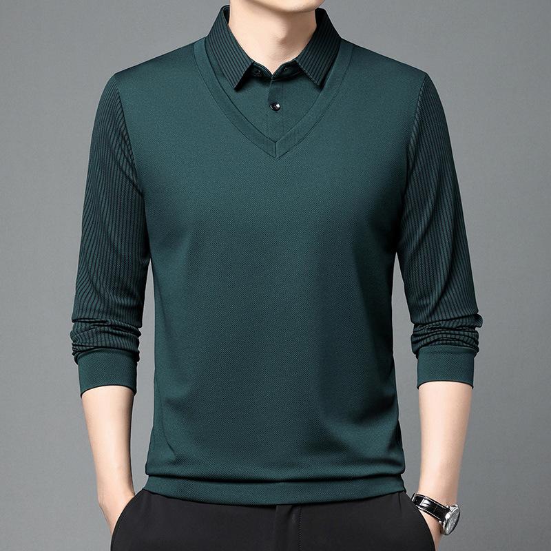 Popular Fake Two-piece Thin Long-sleeved Men's Shirt Collar Spring Autumn New Striped Casual Tees Bottoming Shirt T-shirt