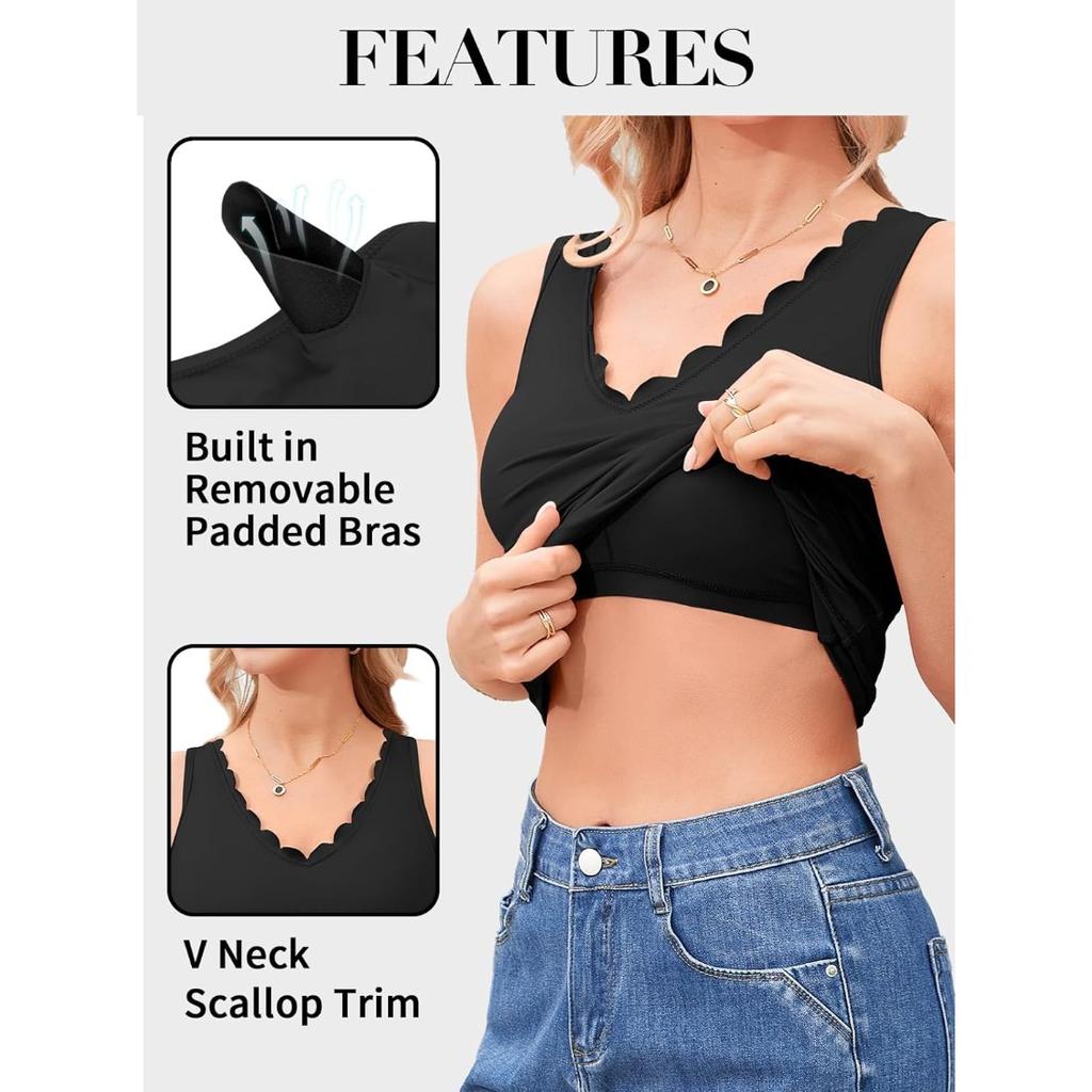CHARMLEAKS Women's V Neck Tank Tops with Built In Bras Summer Scallop Trim Camisole Top Basic Undershirt