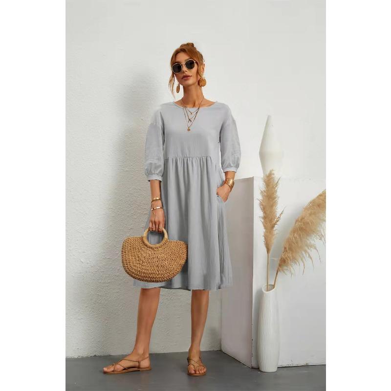 New Women's Solid Color Fashionable Sleeve Loose Cotton Linen Dress