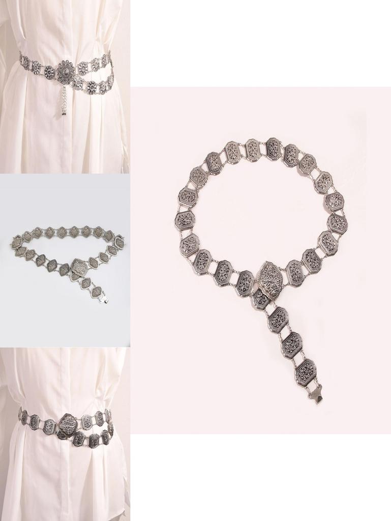 Feminine Metal Waist Chain With Vintage Floral Carving For Traditional Dance And Ethnic Style
