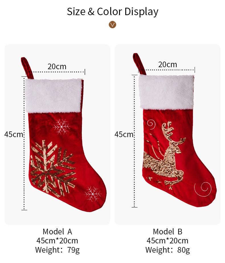 White-Edged Snowflake Reindeer Gold Sequin Christmas Stocking - High-End Red Holiday Socks