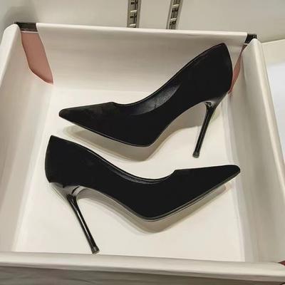 Fashion Spring and Autumn New Black Suede High Heels Female Shallow Mouth Pointed Toe Thin Heeled Sexy Temperament Dress Single Shoes