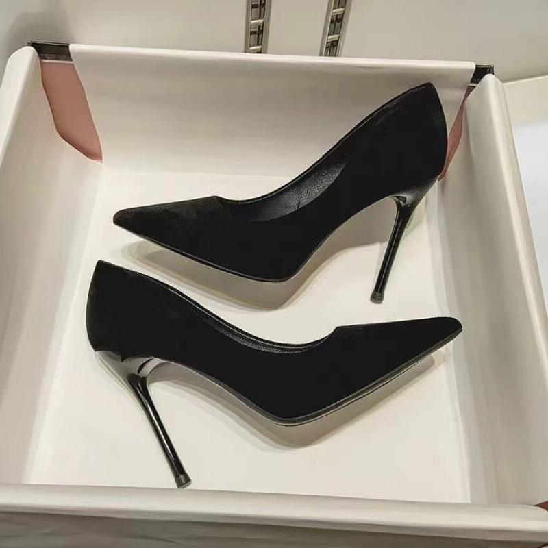 Fashion Spring and Autumn New Black Suede High Heels Female Shallow Mouth Pointed Toe Thin Heeled Sexy Temperament Dress Single Shoes