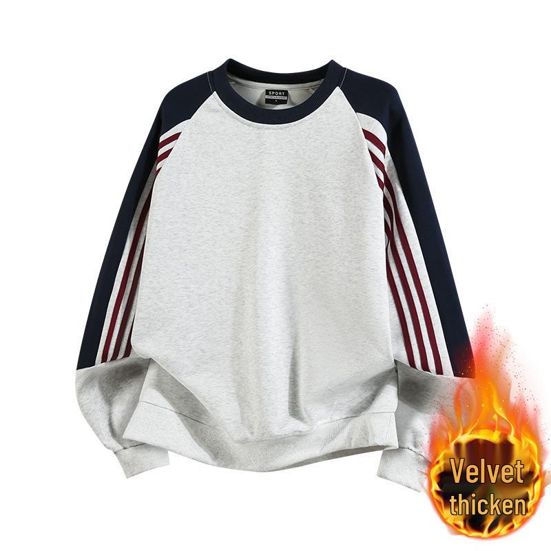 2025 Unisex Fleece-Lined Sweatshirt Set: High Street Three Stripes, Round Neck, Autumn/Winter Warmth