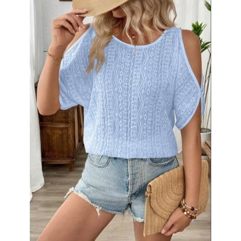 Spring and Summer Pure Color Off-shoulder Hollow-out Top Batwing Sleeve Women's T-shirts