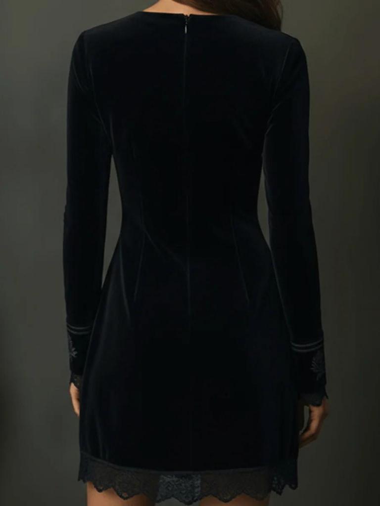 Retro Velvet Embroidered Lace Trim V-neck Long Sleeve Mini Dress (2025 Collection)