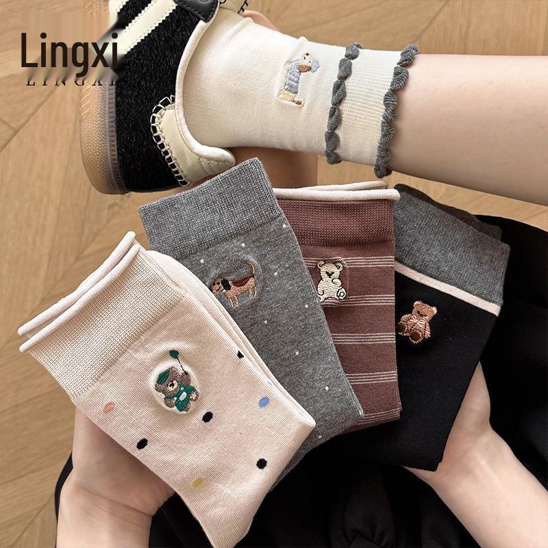 "Polka Dot Cartoon Bear Mid-Calf Women’s Socks - Korean & Japanese Style, Striped Color Block, Perfect for Spring & Autumn”