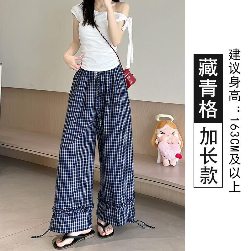 Fungus edge plaid wide-leg pants women's summer thin new retro high-waisted loose casual straight Yamamoto pants