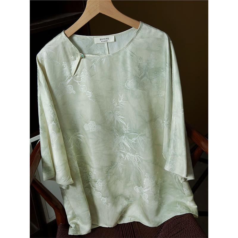 

Женский топ из жаккарда из шелка тутового дерева с принтом тай-дай - Блузка с рукавом семь восьмых в китайском стиле с цветочным узором Medium