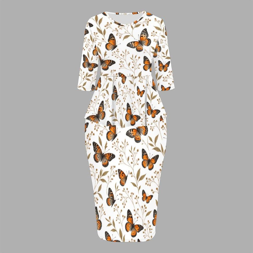 Women Plus Size Round Neck Three Quarter Sleeve Butterfly Printed Peplum Top And Fitted Skirt Two Piece Set