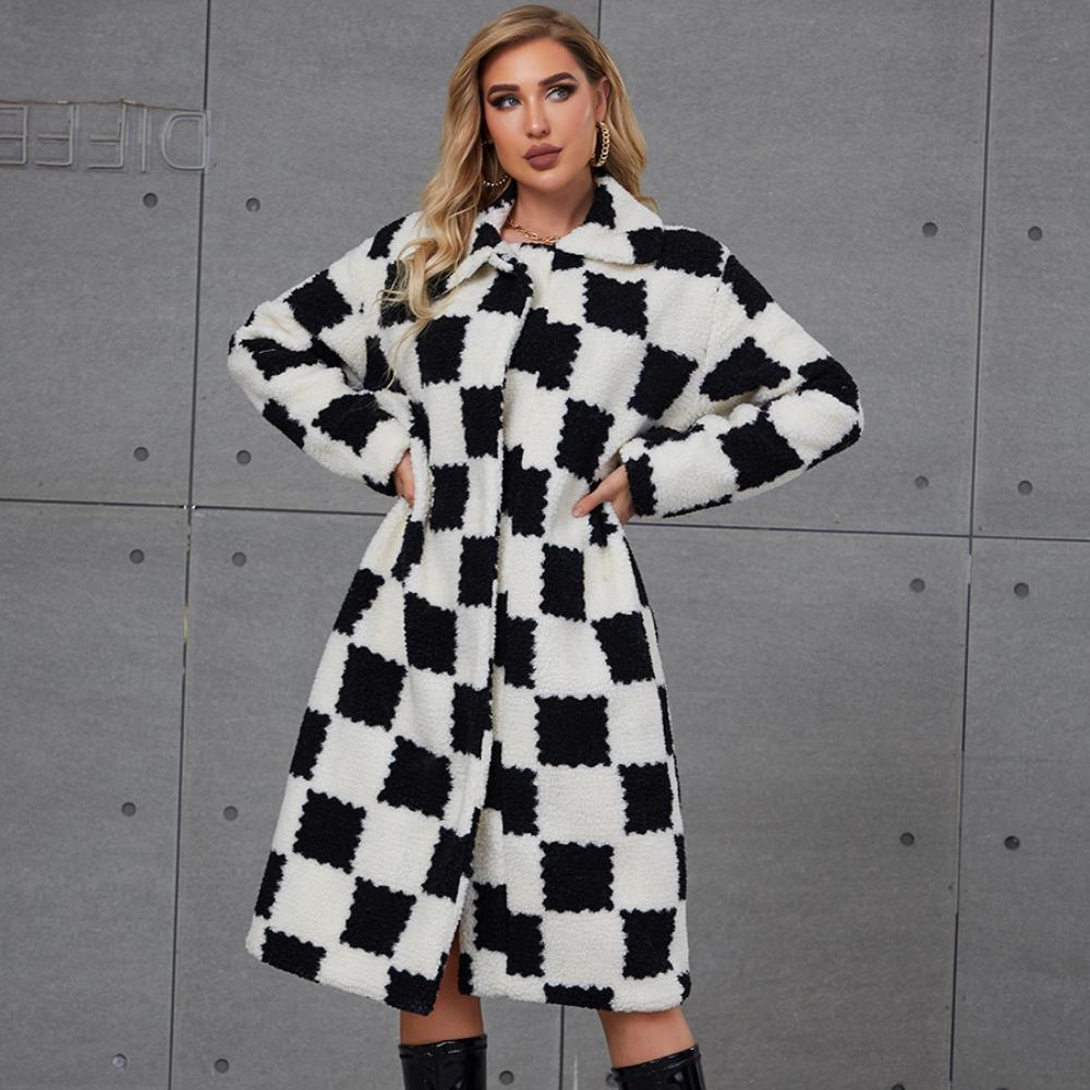 2025 New Faux Fur Coat Women's Mid To Long Black and White Checkered Women's Coat